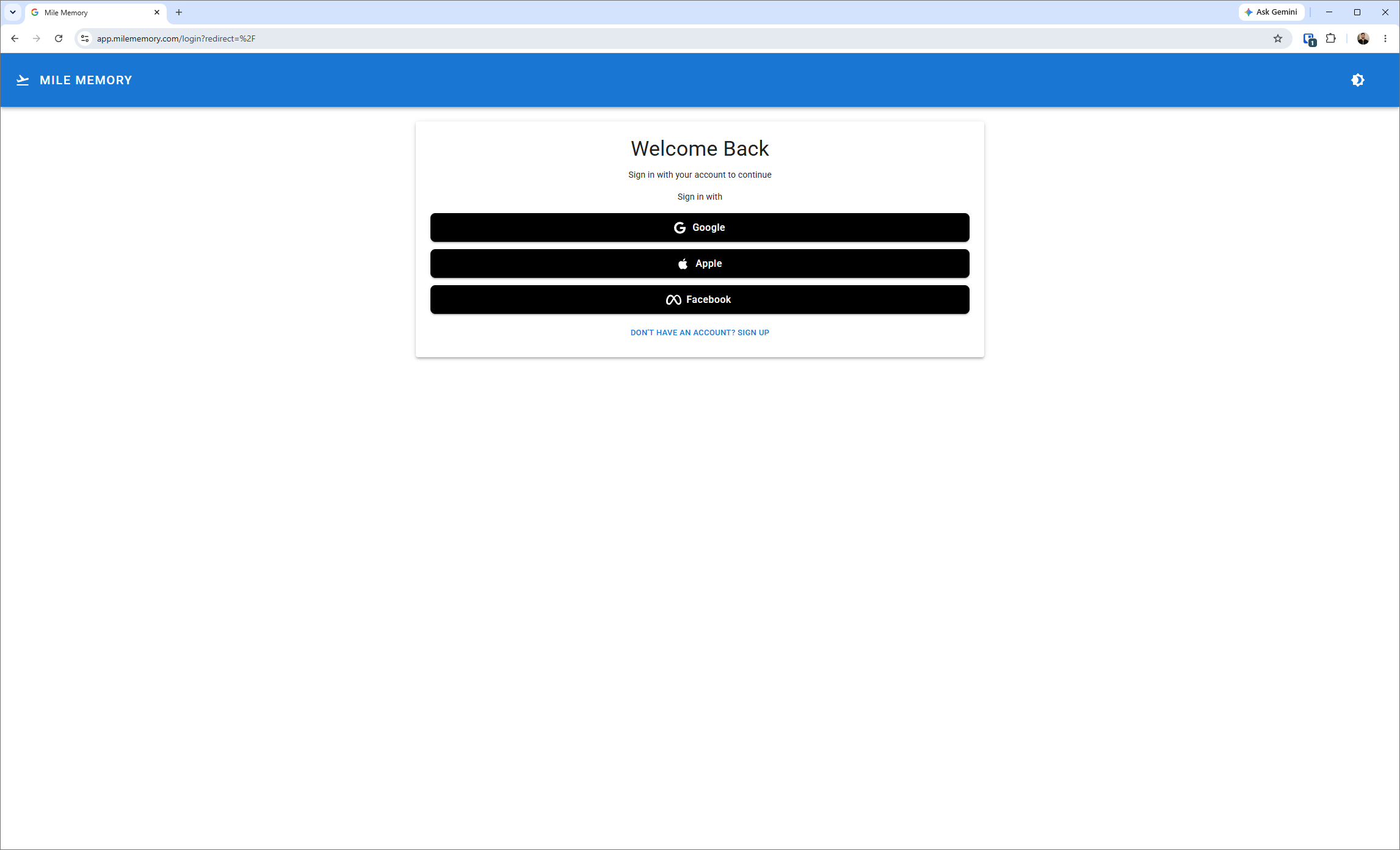MileMemory desktop login screen